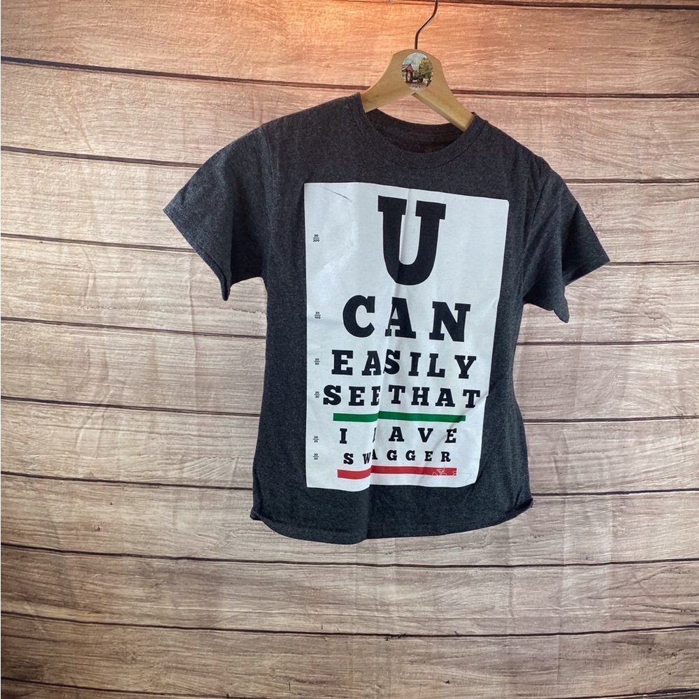 Route 66 Charcoal Tee with Eye-Chart Graphic and Red & Green Accents